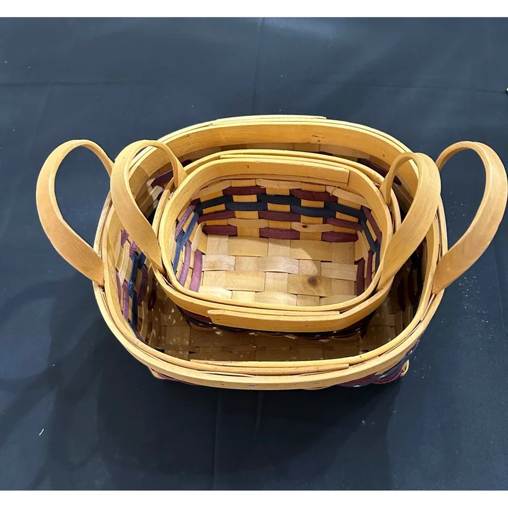 Primitive Woven Basket Set Americana Star Accent Nested Wood Handle Decor Pair